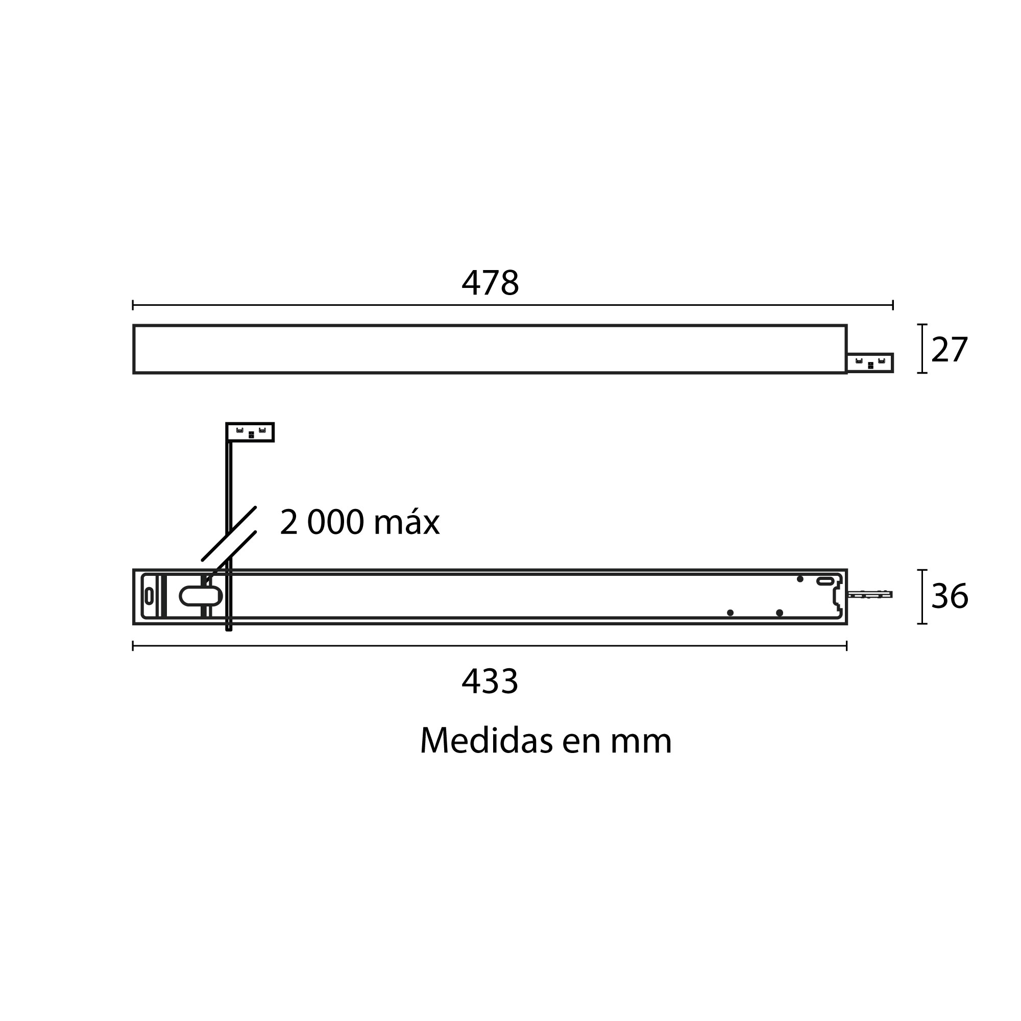 Esquema con medidas de Driver 200 W suspender para MICRO 7