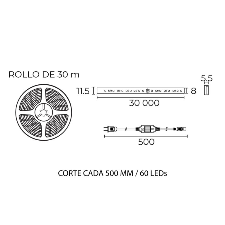 Esquema con medidas de Tira LED PEGASUS 120 LED/m