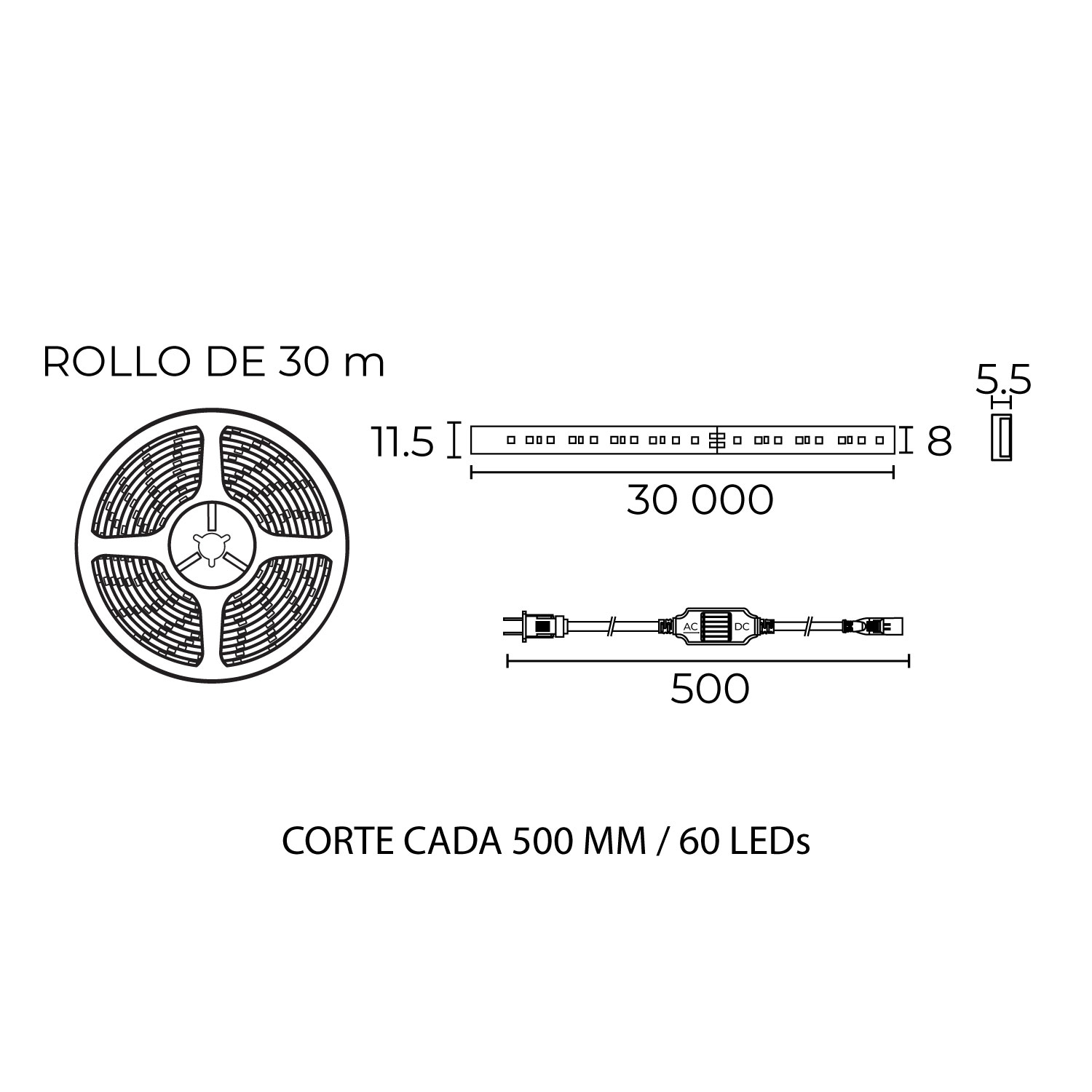 Esquema con medidas de Tira LED PEGASUS 120 LED/m