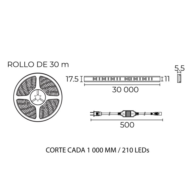 Esquema con medidas de Tira LED PEGASUS 210 LED/m