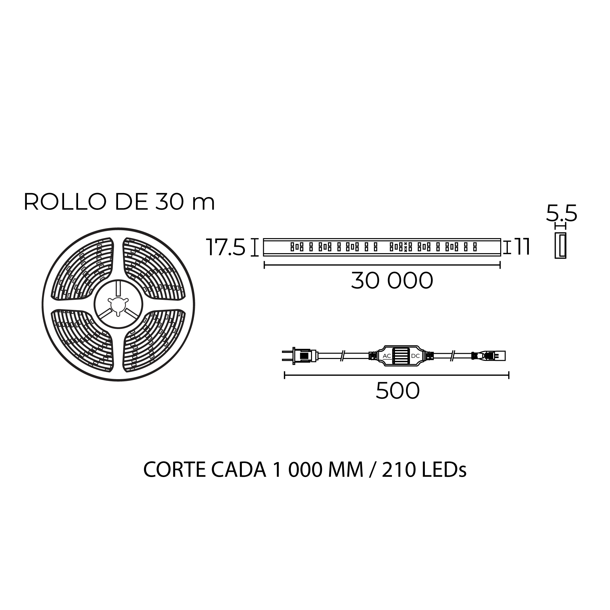 Esquema con medidas de Tira LED PEGASUS 210 LED/m