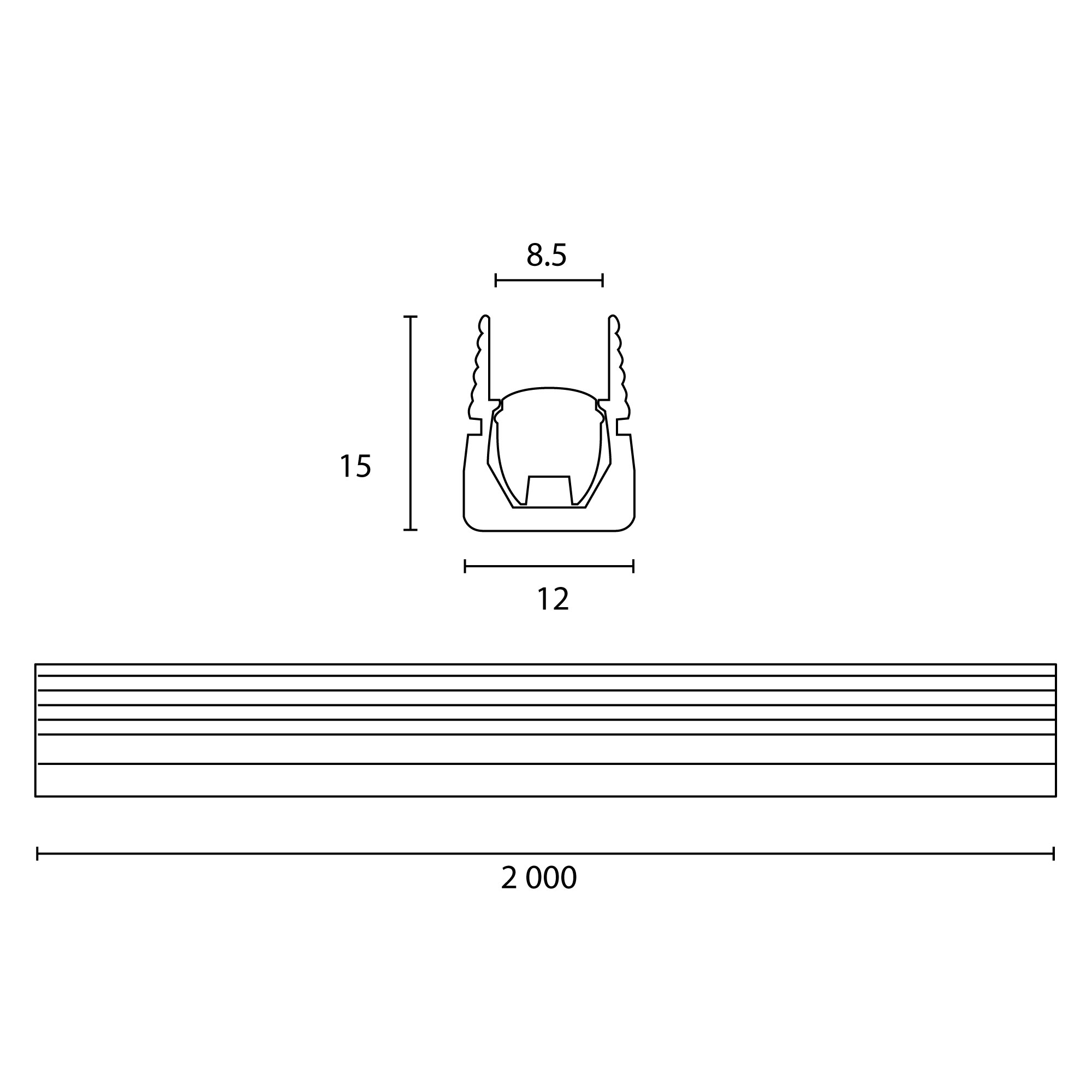 Esquema con medidas de Perfil GLASS sobreponer 2 m