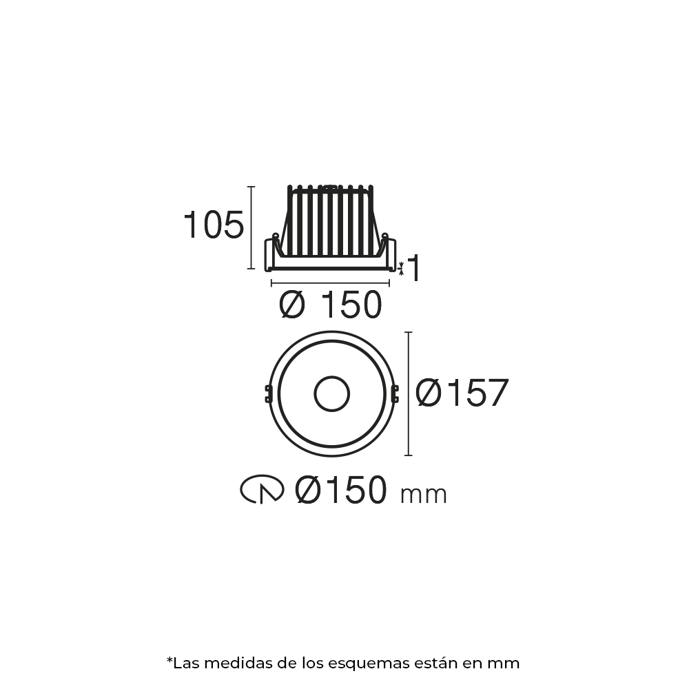 Esquema con medidas de DARKLIGHT tipo downlight 28 W