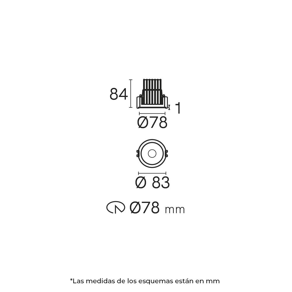 Esquema con medidas de DARKLIGHT tipo downlight 15 W