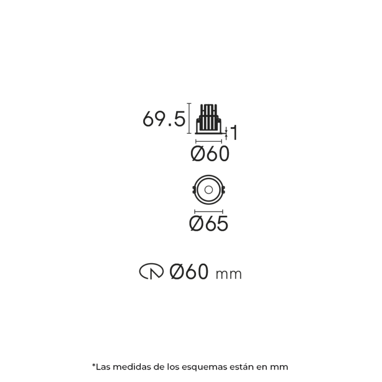 Esquema con medidas de DARKLIGHT tipo downlight 9 W