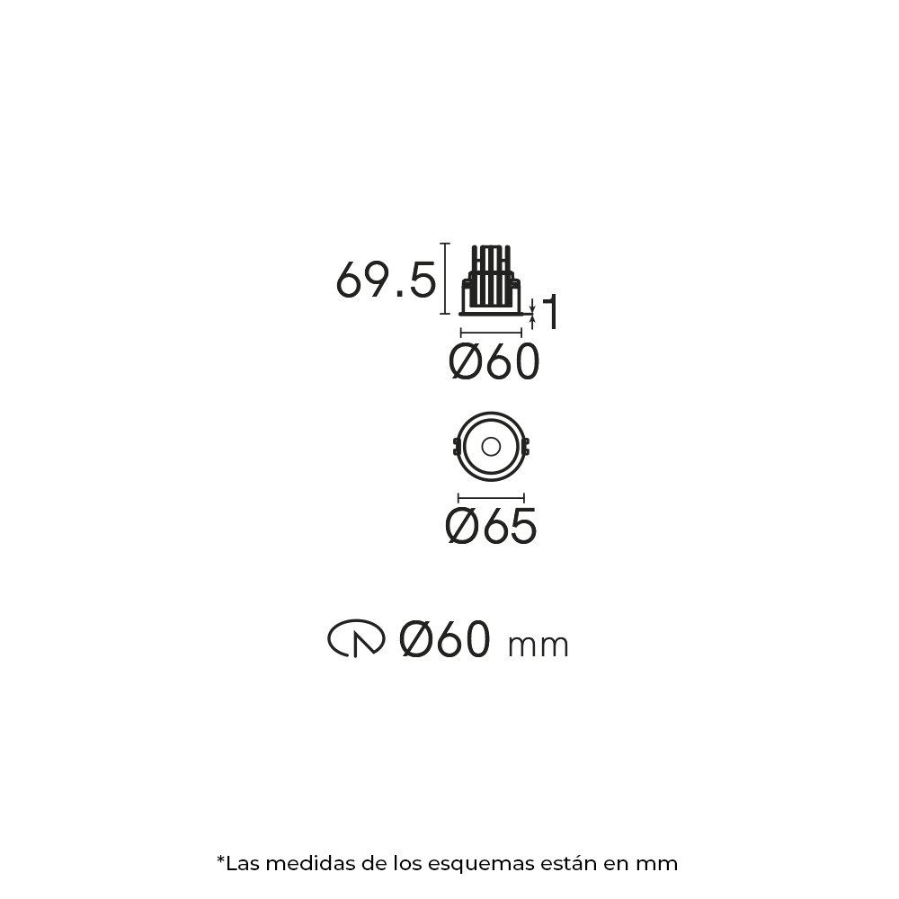 Esquema con medidas de DARKLIGHT tipo downlight 9 W