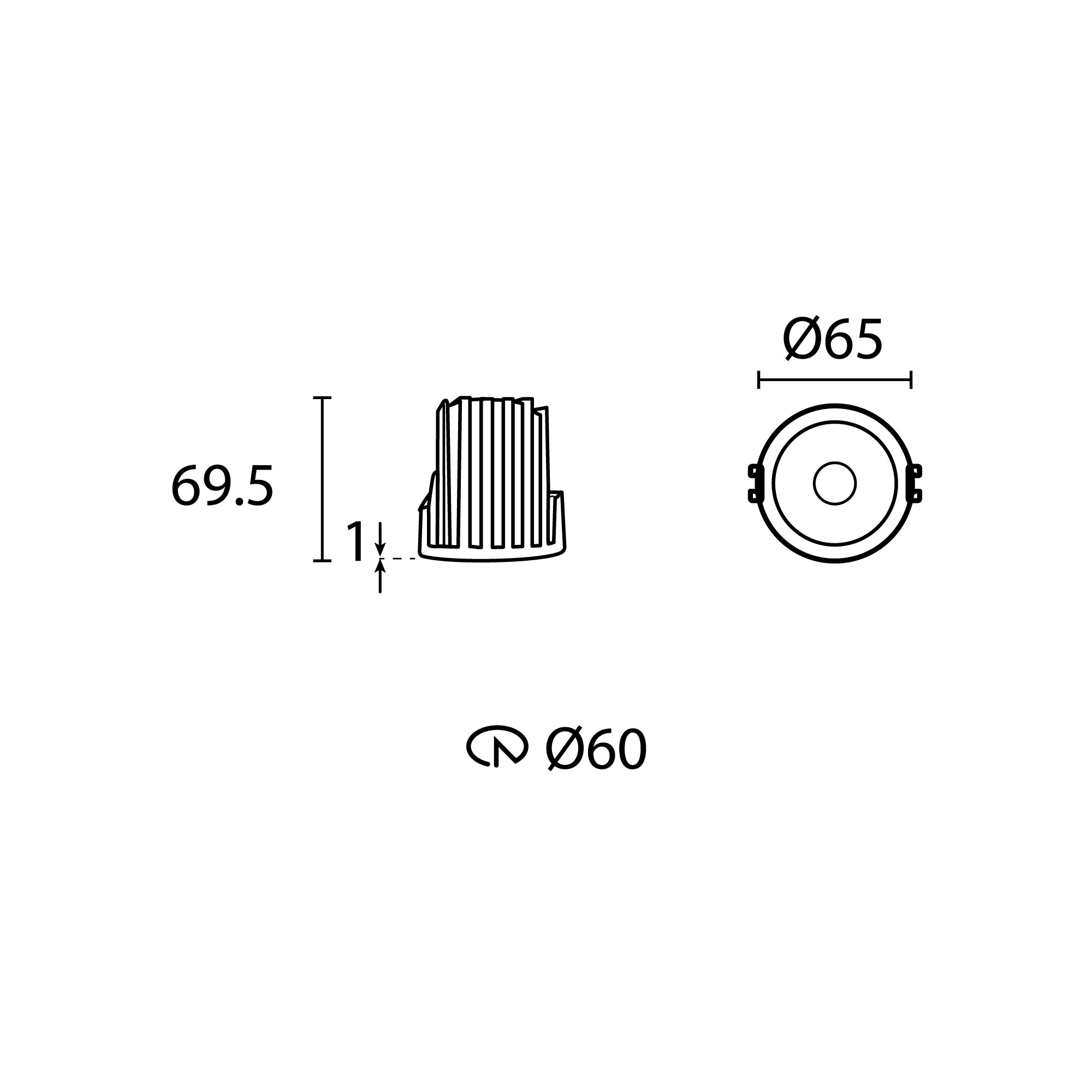 Esquema con medidas de DARKLIGHT tipo downlight 6 W