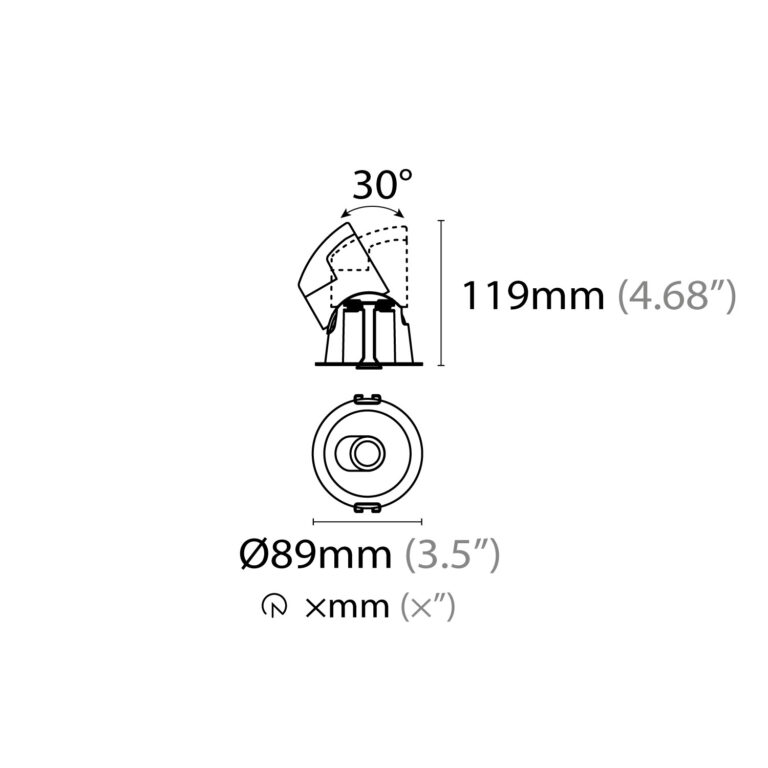 Esquema con medidas de DARKLIGHT dirigible tipo downlight 12 W