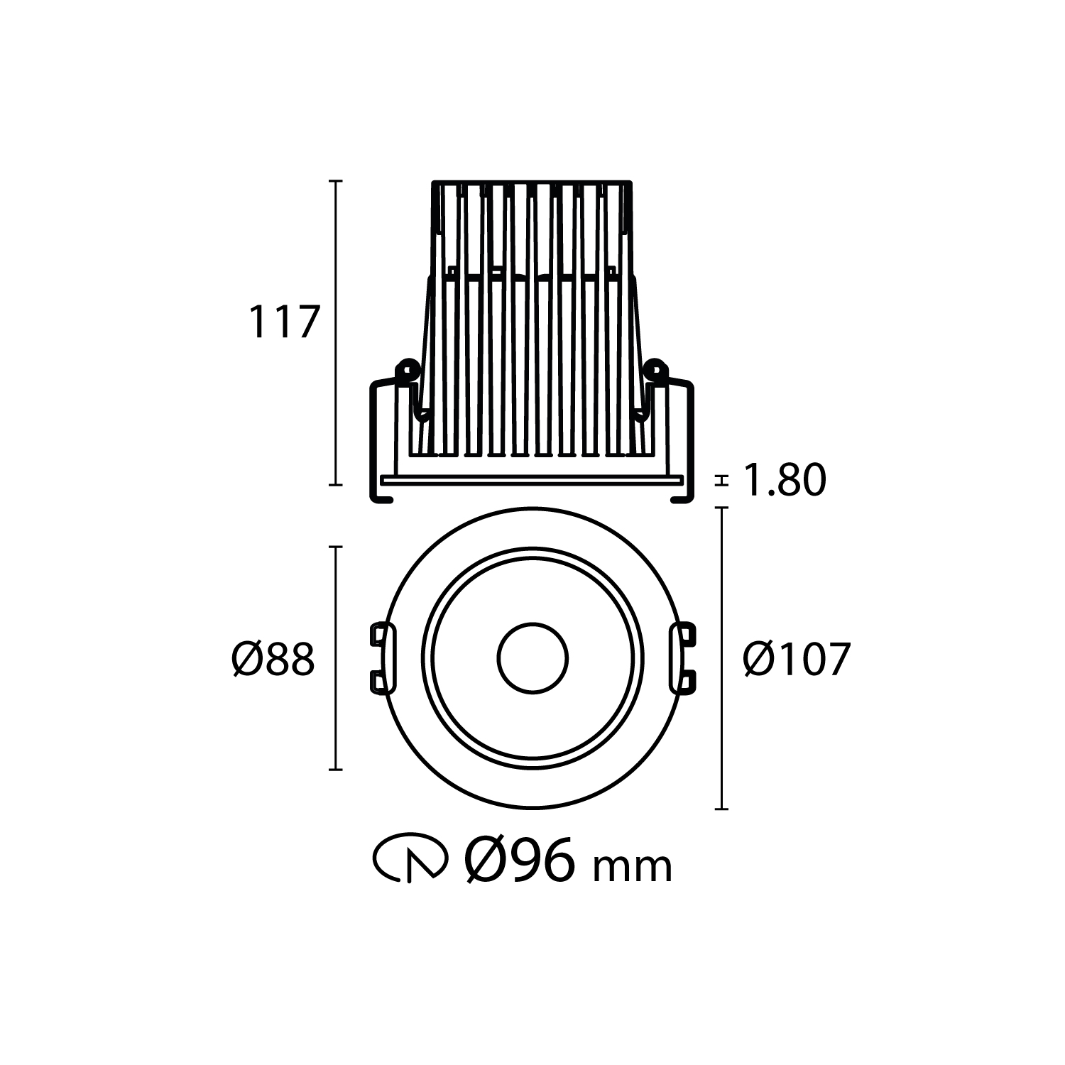 Esquema con medidas de DARKLIGHT tipo downlight 20 W