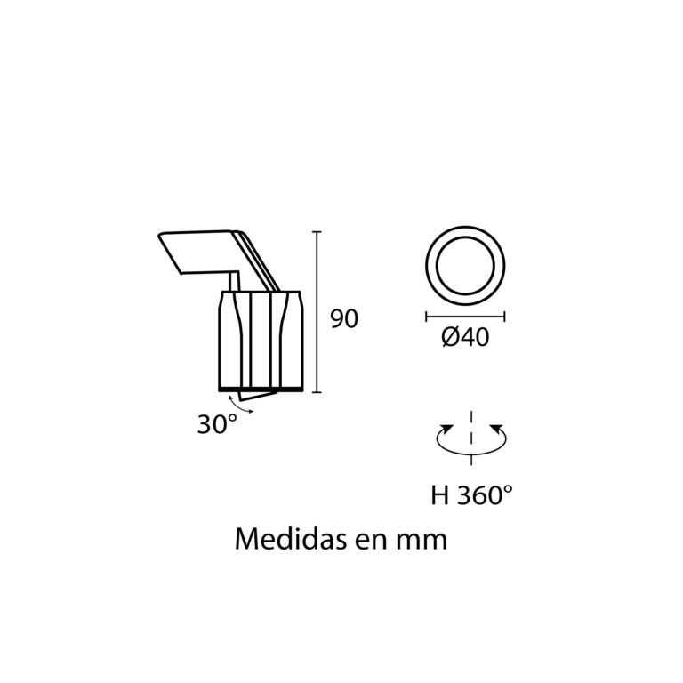 Esquema con medidas de DARKLIGHT TRIMLESS sin bisel spot dirigible 5 W