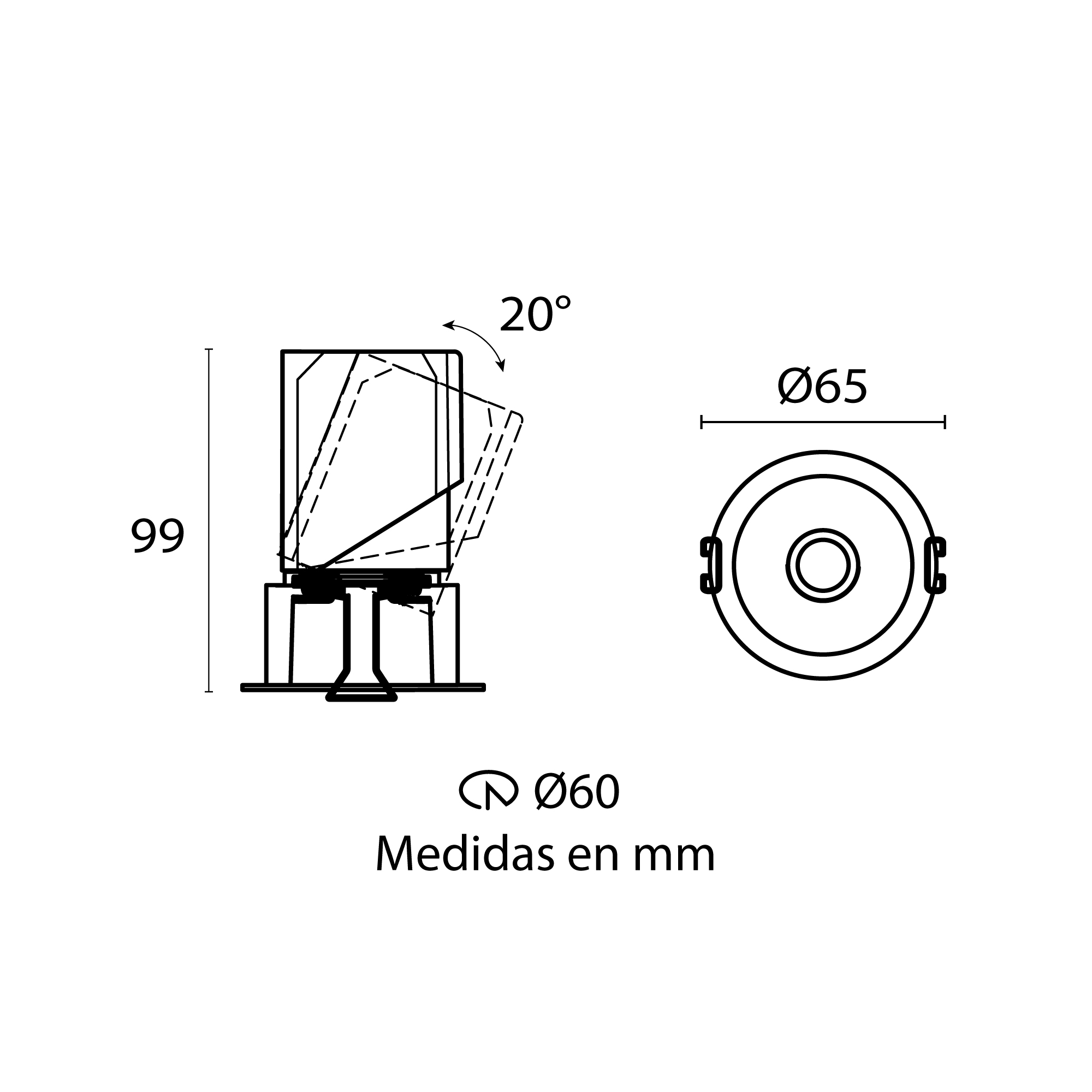 Esquema con medidas de DARKLIGHT dirigible tipo downlight 9 W