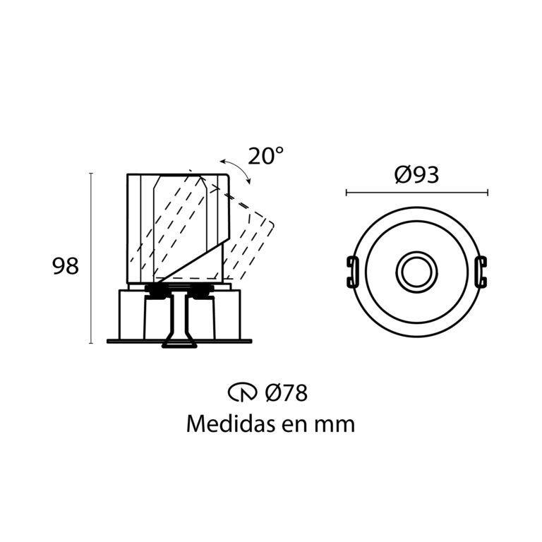 Esquema con medidas de DARKLIGHT dirigible tipo downlight 14 W