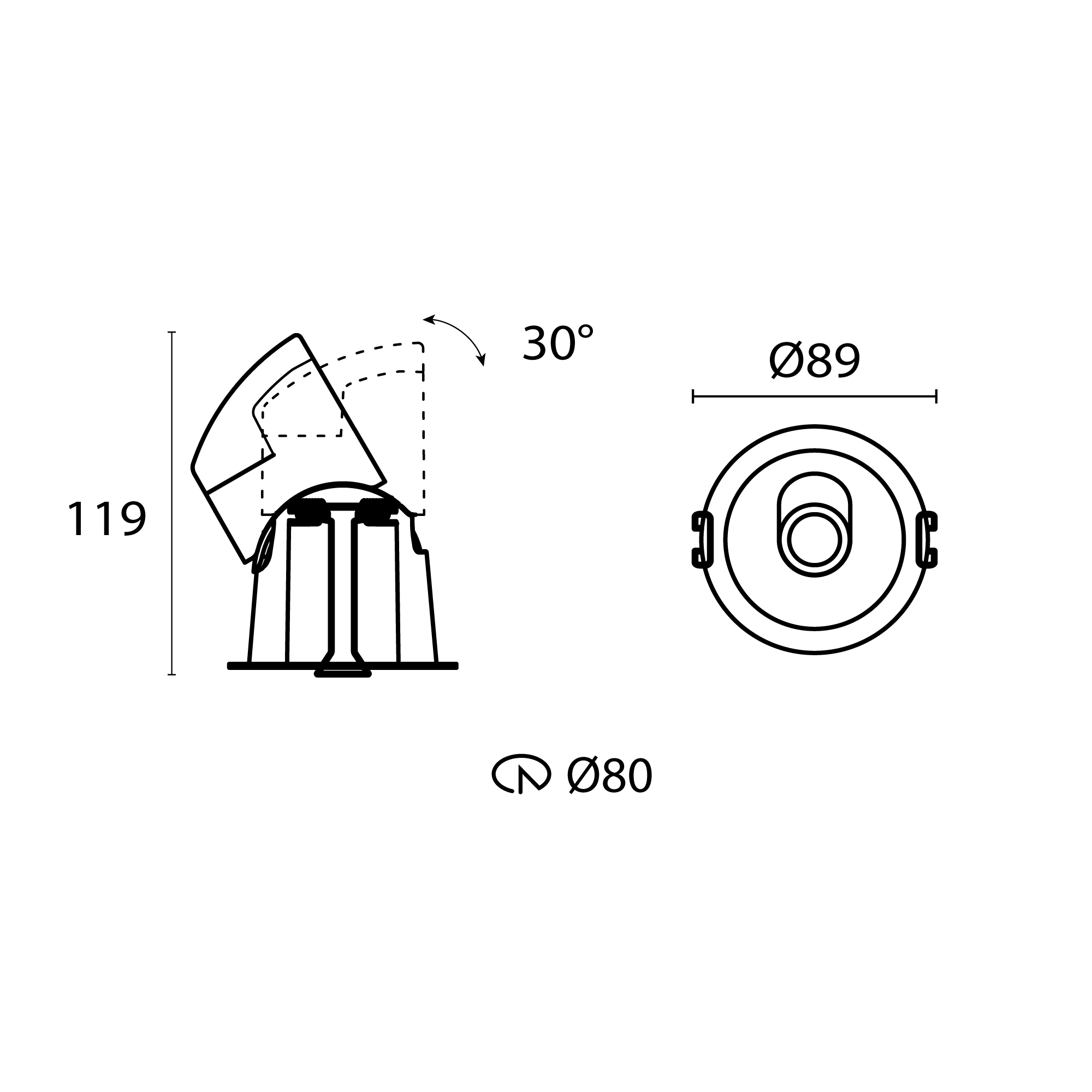 Esquema con medidas de DARKLIGHT dirigible tipo downlight 14 W