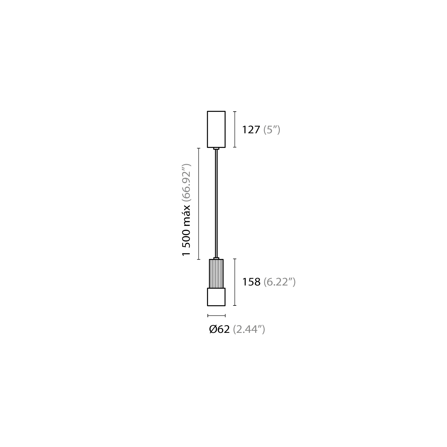 Esquema con medidas de Kaleidos colgante tipo tubular