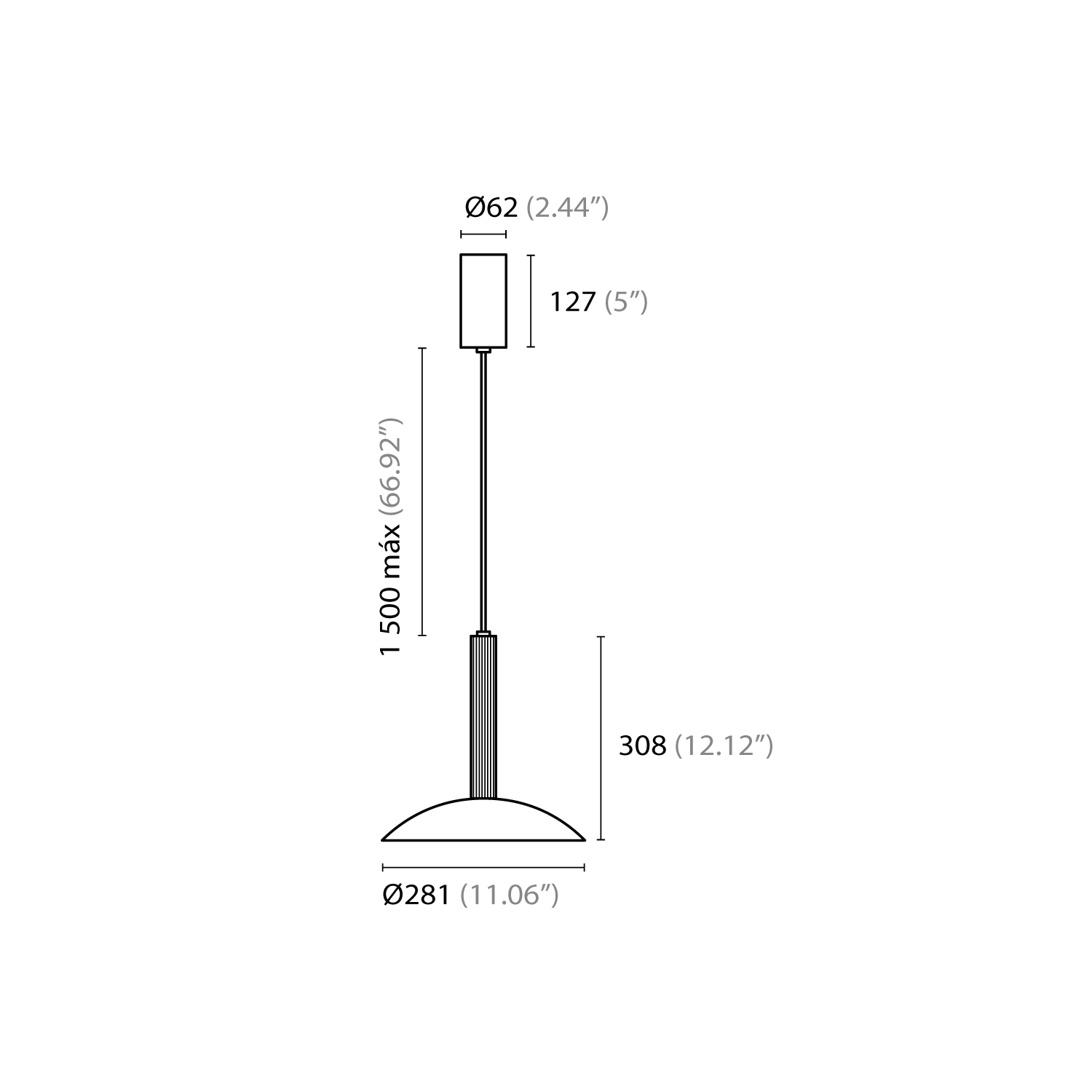 Esquema con medidas de Kaleidos colgante tubular tipo domo