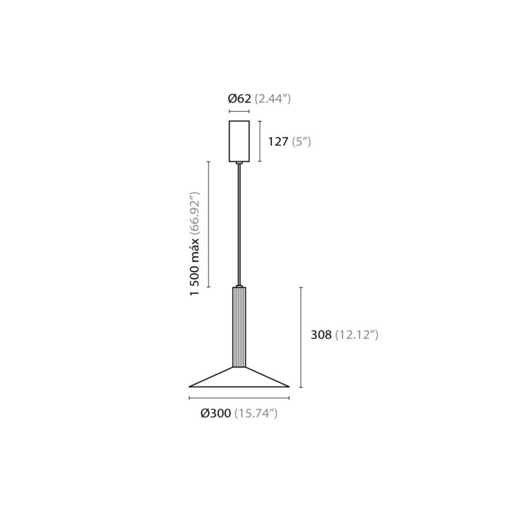 Esquema con medidas de Kaleidos colgante tubular tipo disco