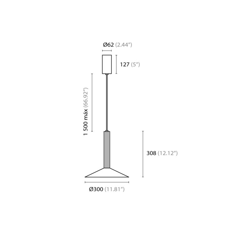 Esquema con medidas de Kaleidos colgante tubular tipo disco plano