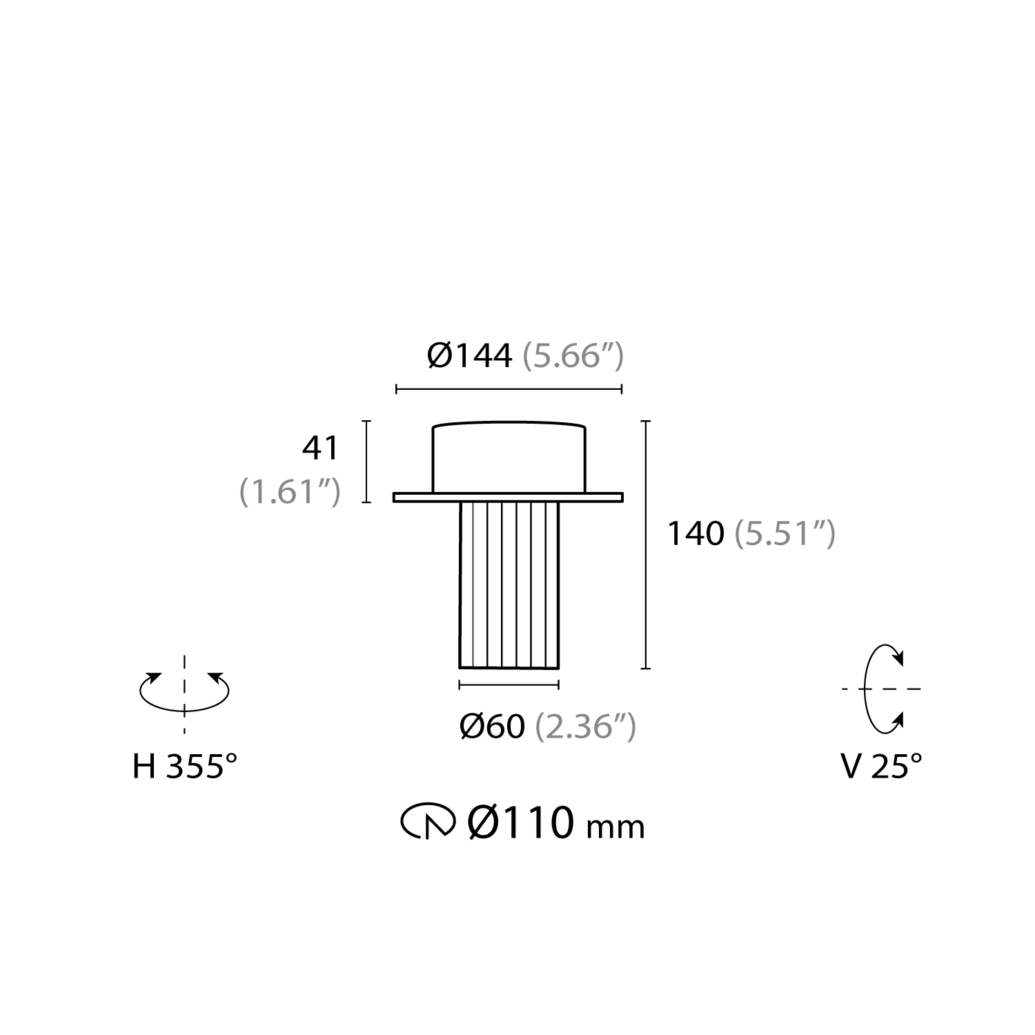 Esquema con medidas de Kaleidos spot semi retractil housing ancho sin bisel